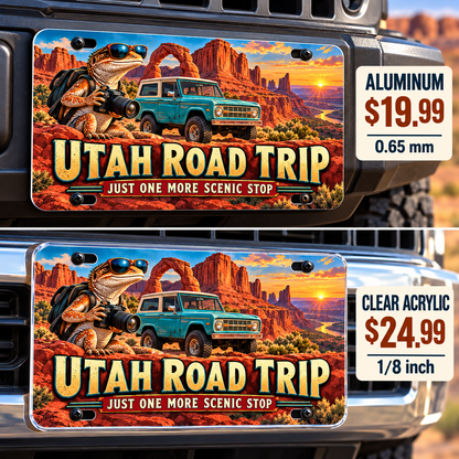 Utah One More Scenic Stop funny license plate — aluminum and acrylic vehicle mockups