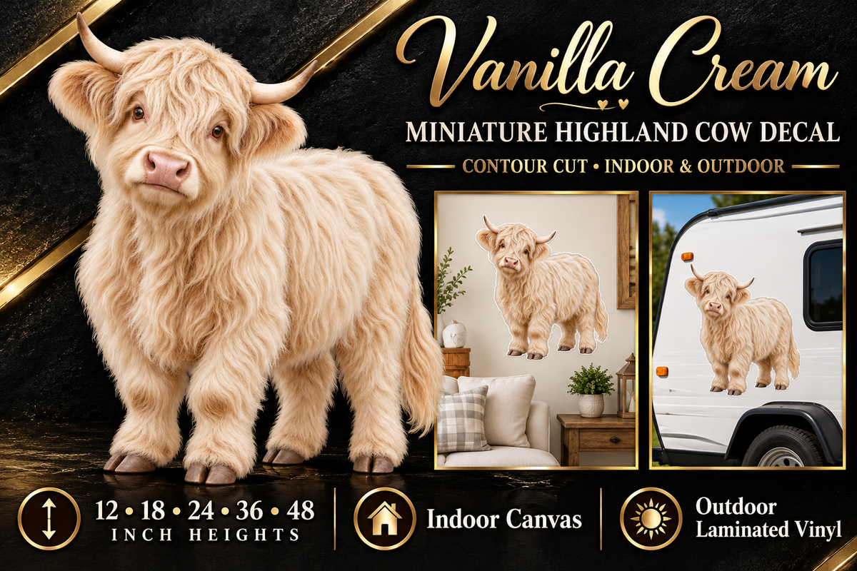 Vanilla Cream miniature Highland cow decal summary — 12 to 48 inch heights
