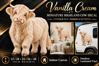 Vanilla Cream miniature Highland cow decal summary — 12 to 48 inch heights