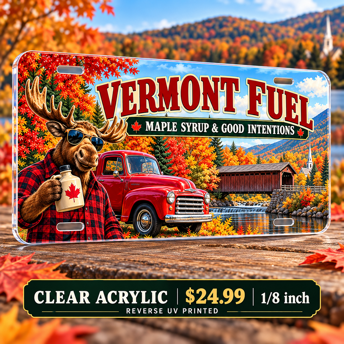 Vermont Maple Fueled funny license plate — ⅛-inch reverse UV printed acrylic with opaque artwork