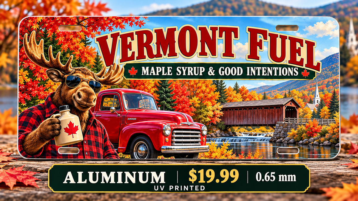 Vermont Maple Fueled funny license plate — 0.65 mm UV printed aluminum