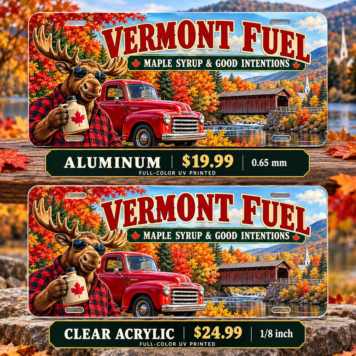 Vermont Maple Fueled funny license plate — aluminum $19.99 and clear acrylic $24.99 comparison