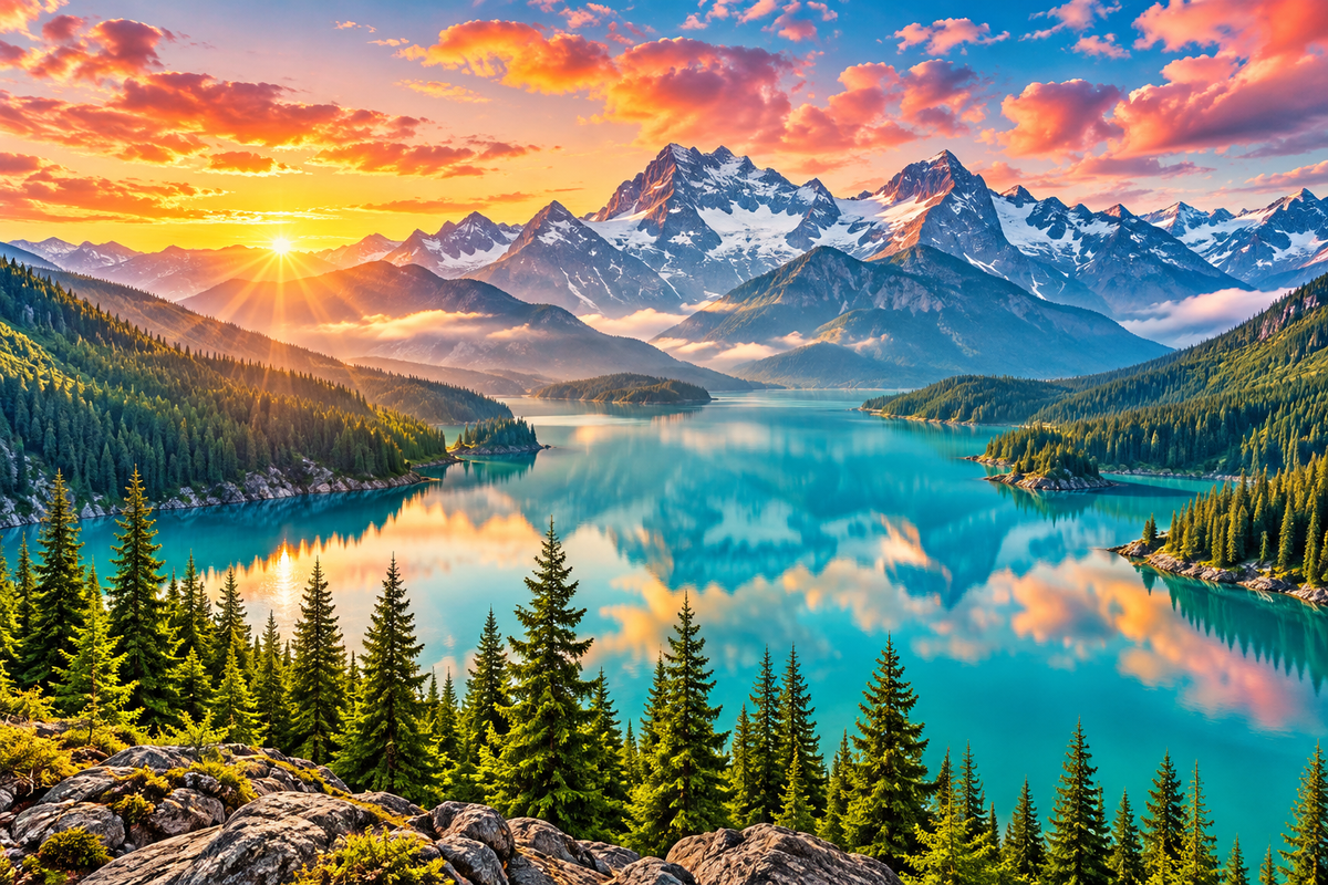 Golden sunrise over turquoise alpine lake