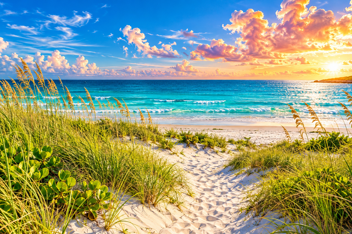 Bright turquoise ocean and sunlit coastal dunes