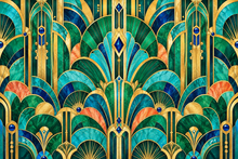 Emerald turquoise and gold Art Deco pattern