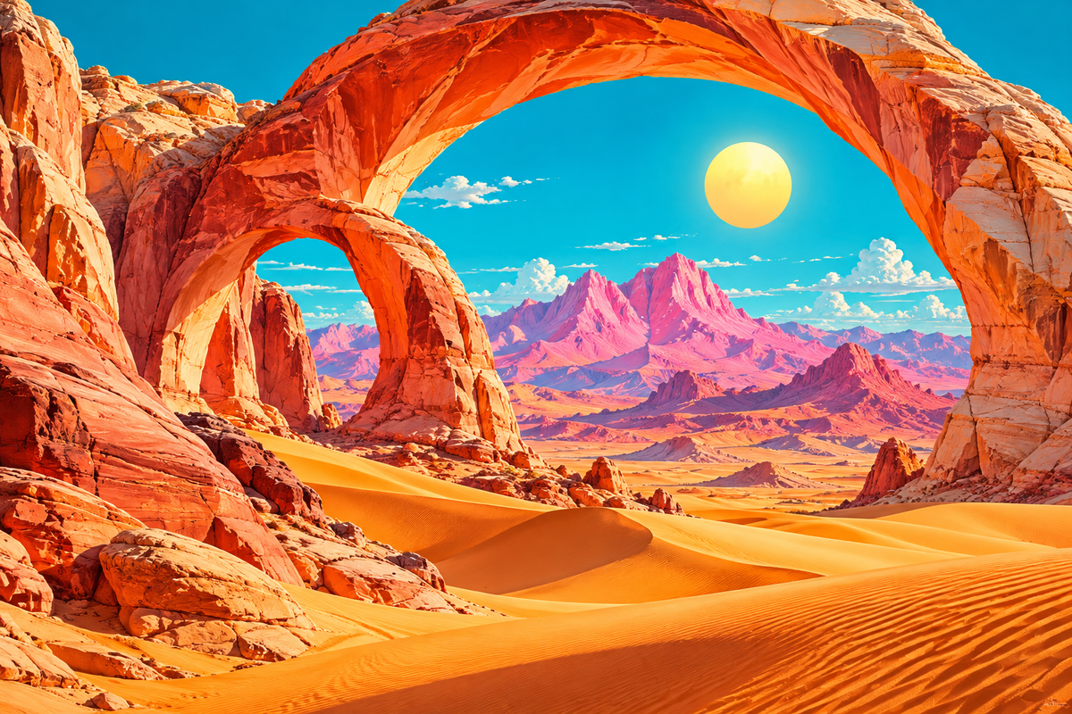 Vibrant coral desert arches and turquoise sky
