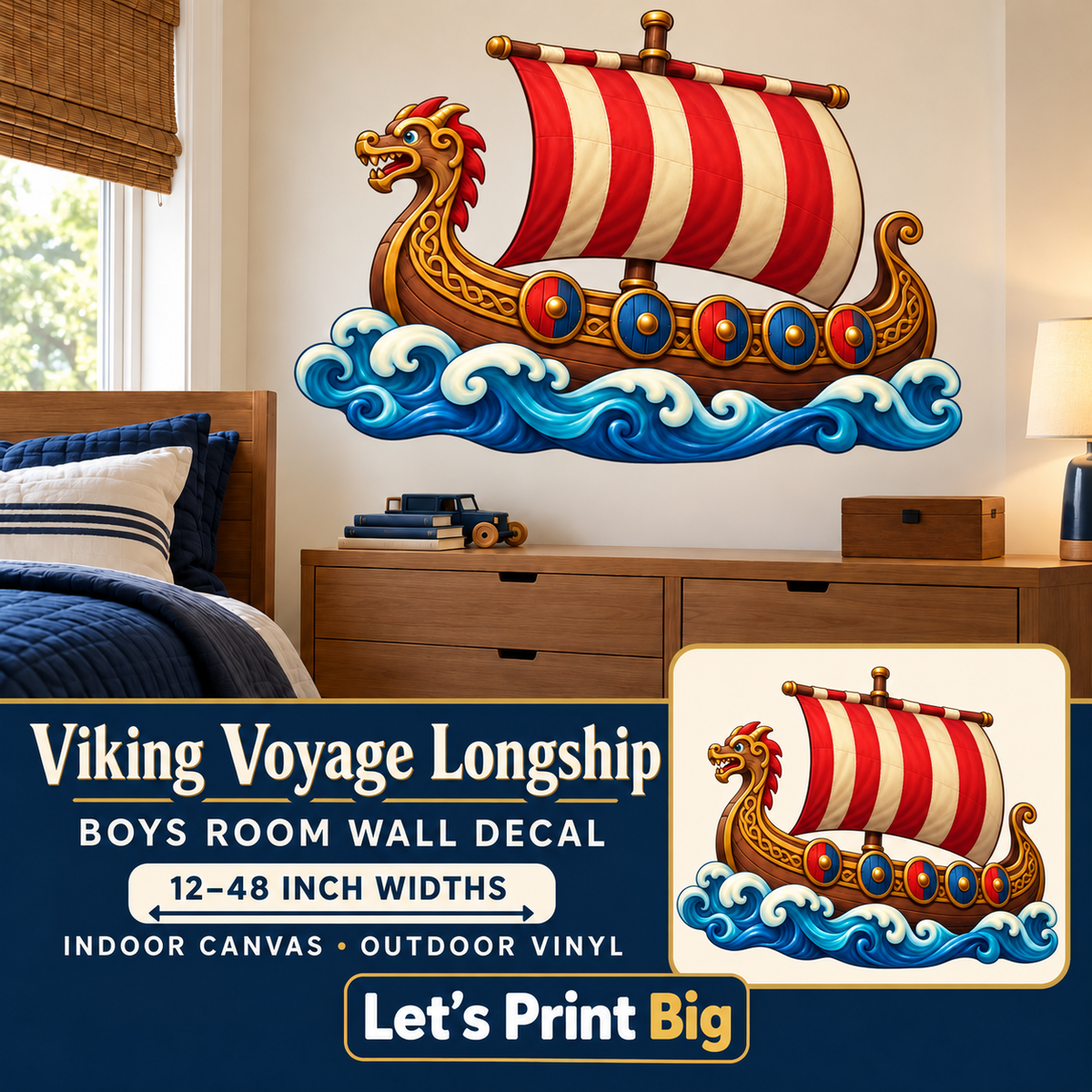 Viking Voyage Longship – Boys Room Wall Decal summary and bedroom mockup – 12 to 48 inch widths