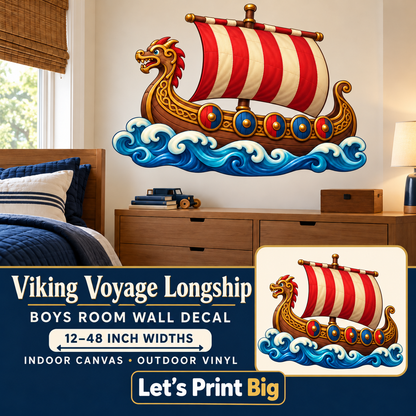 Viking Voyage Longship – Boys Room Wall Decal summary and bedroom mockup – 12 to 48 inch widths