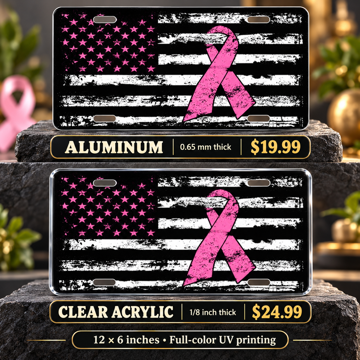 Vintage American Flag Pink Ribbon Breast Cancer License Plate Car Tag — aluminum $19.99 and ⅛-inch clear acrylic $24.99 material comparison