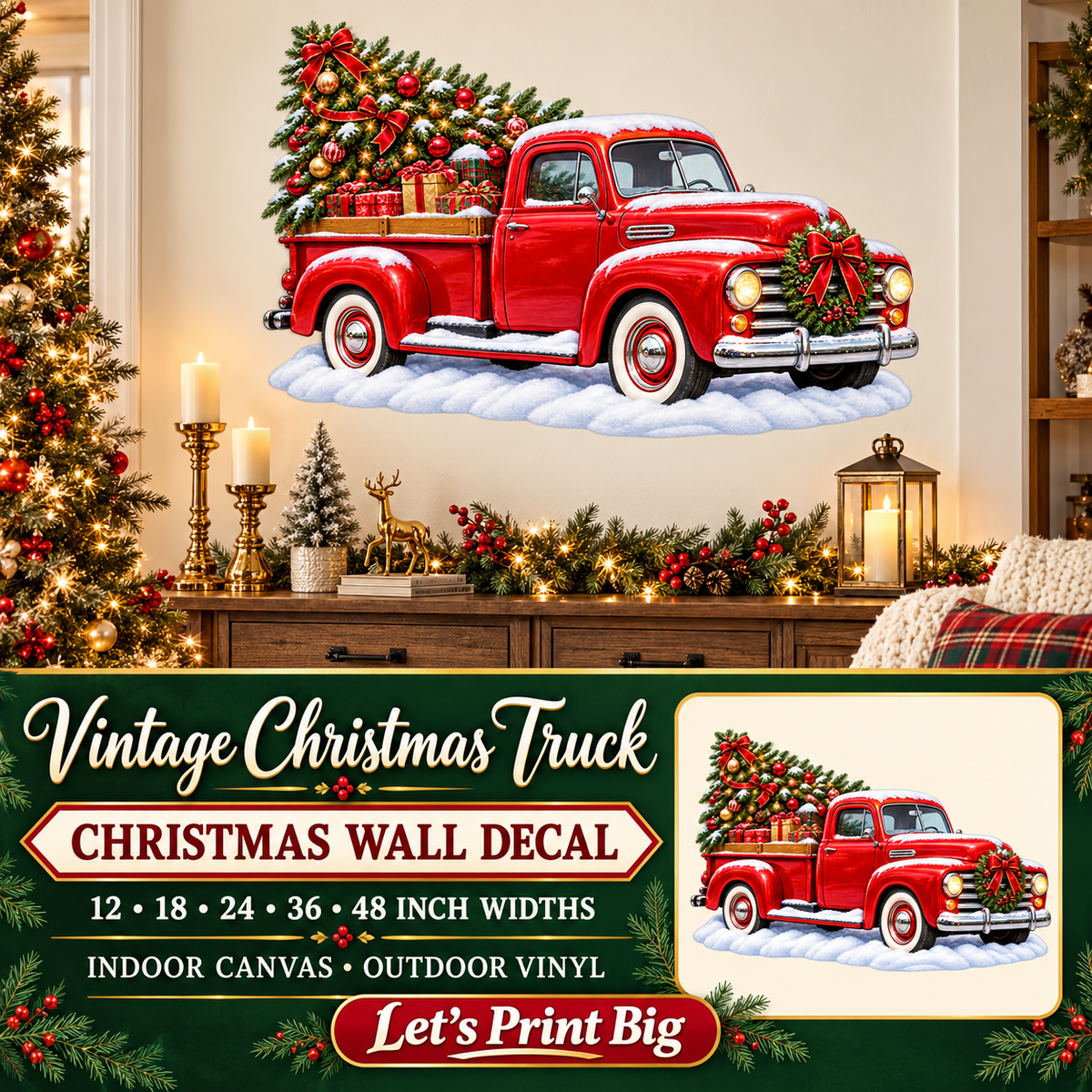 Vintage Christmas Truck Christmas wall decal summary – 12 to 48 inch widths