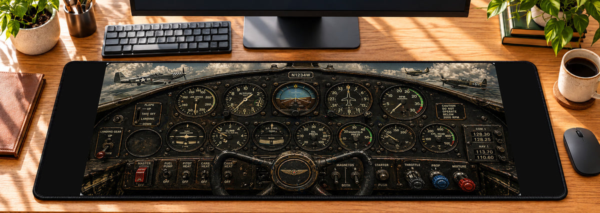 Vintage Warbird Instrument Panel Desk Mat in use on a warm wood office desk — overhead workspace view