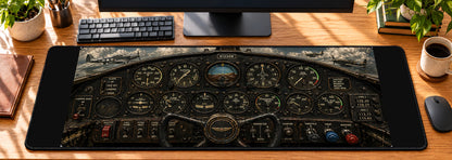 Vintage Warbird Instrument Panel Desk Mat in use on a warm wood office desk — overhead workspace view