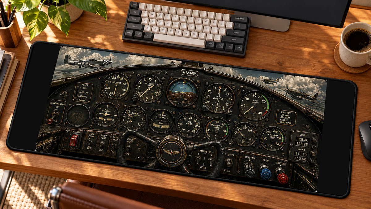 Vintage Warbird Instrument Panel Desk Mat in use on a warm wood office desk — angled workspace view