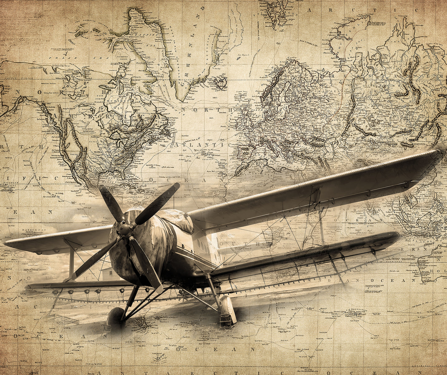 Sepia Vintage Airplane and World Map Custom Designed Wallpaper