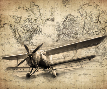 Sepia Vintage Airplane and World Map Custom Designed Wallpaper