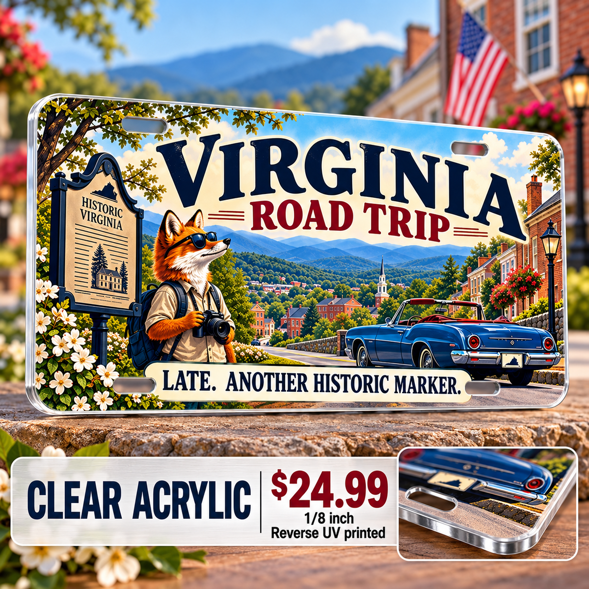 Virginia Historic Detour funny license plate — ⅛-inch reverse UV printed acrylic with opaque artwork
