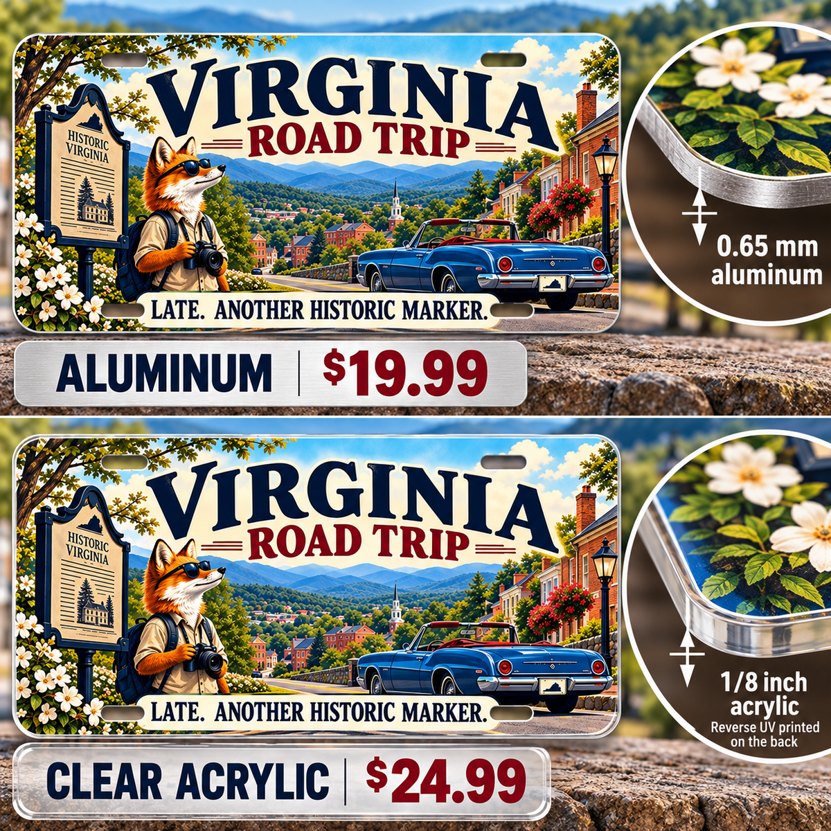 Virginia Historic Detour funny license plate — 0.65 mm aluminum and ⅛-inch acrylic edge detail