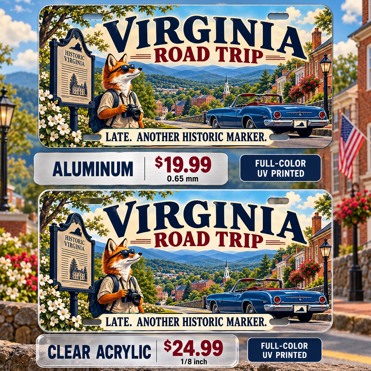Virginia Historic Detour funny license plate — aluminum $19.99 and clear acrylic $24.99 comparison