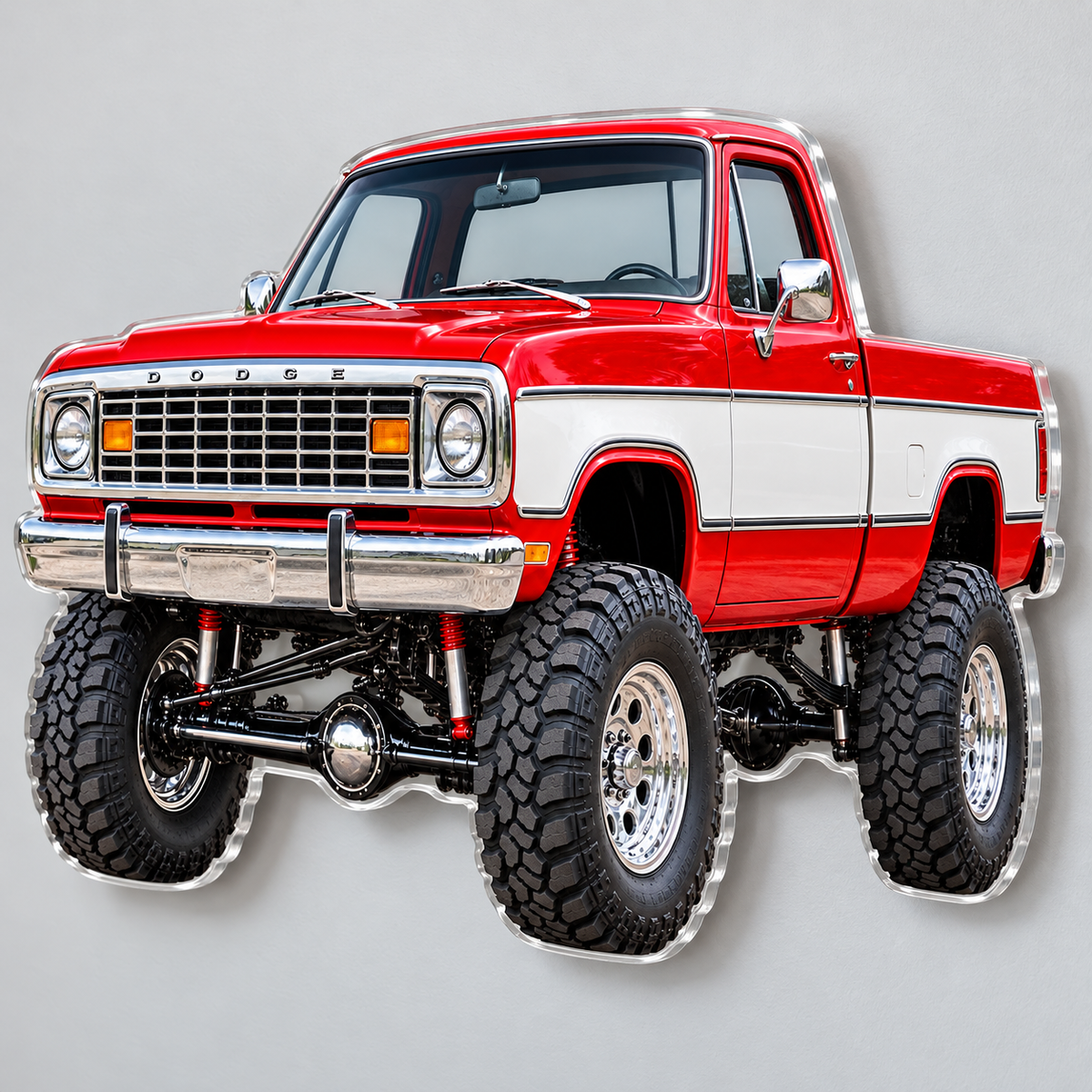 1977 Dodge Power Wagon Flame Red & White acrylic sign angle mockup
