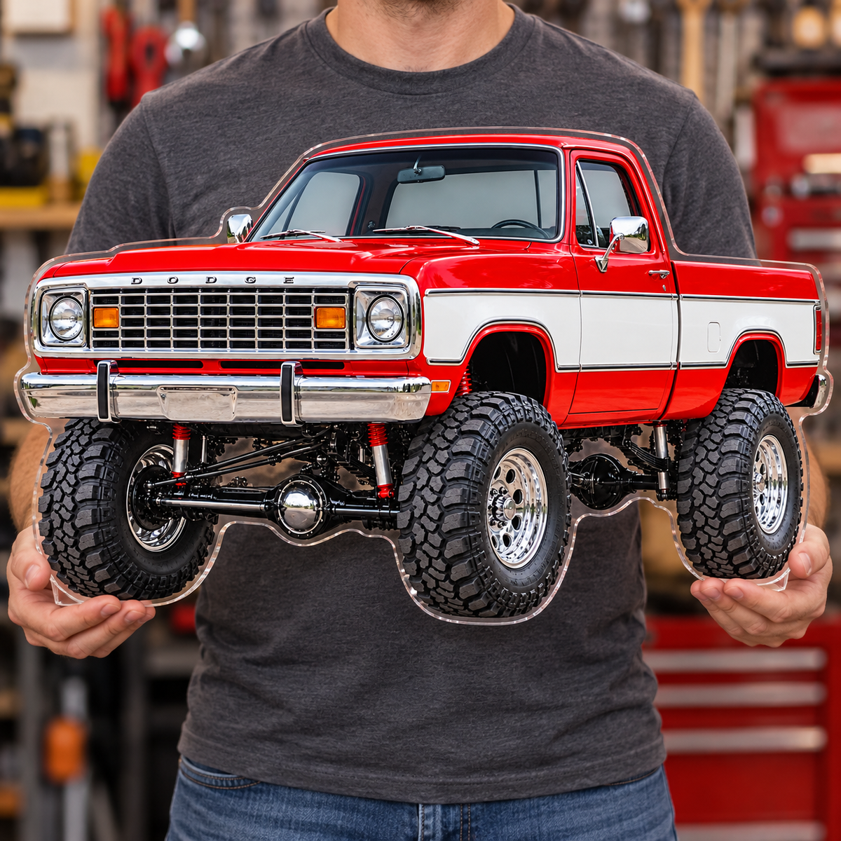 1977 Dodge Power Wagon Flame Red & White acrylic sign held mockup