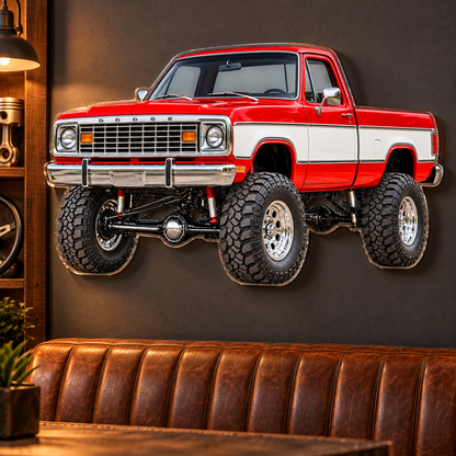 1977 Dodge Power Wagon Flame Red & White acrylic sign lounge mockup