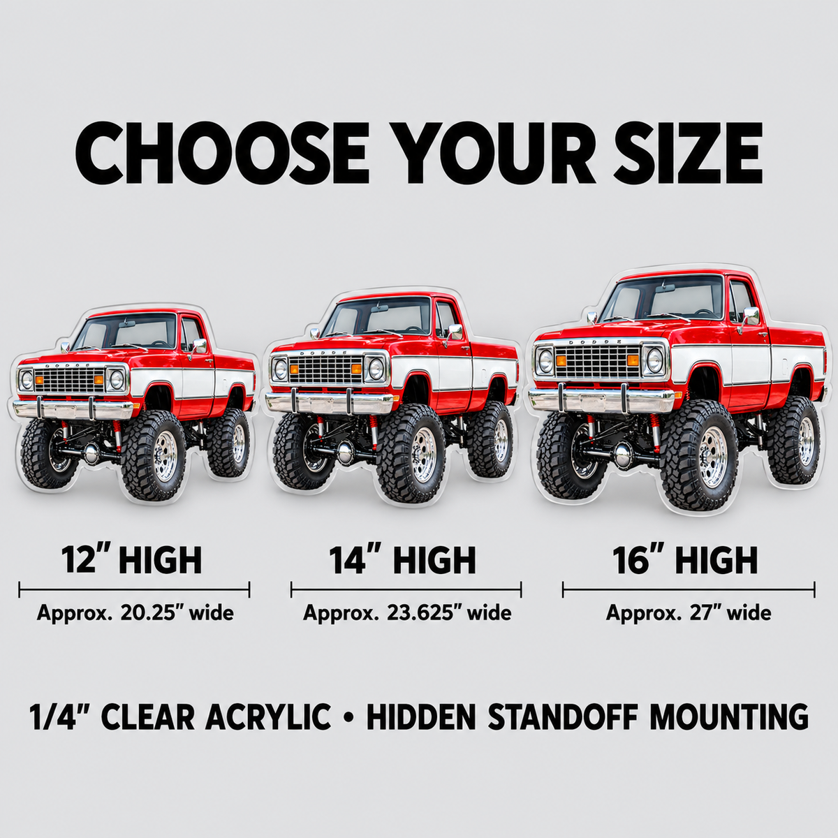1977 Dodge Power Wagon Flame Red & White acrylic sign sizes mockup