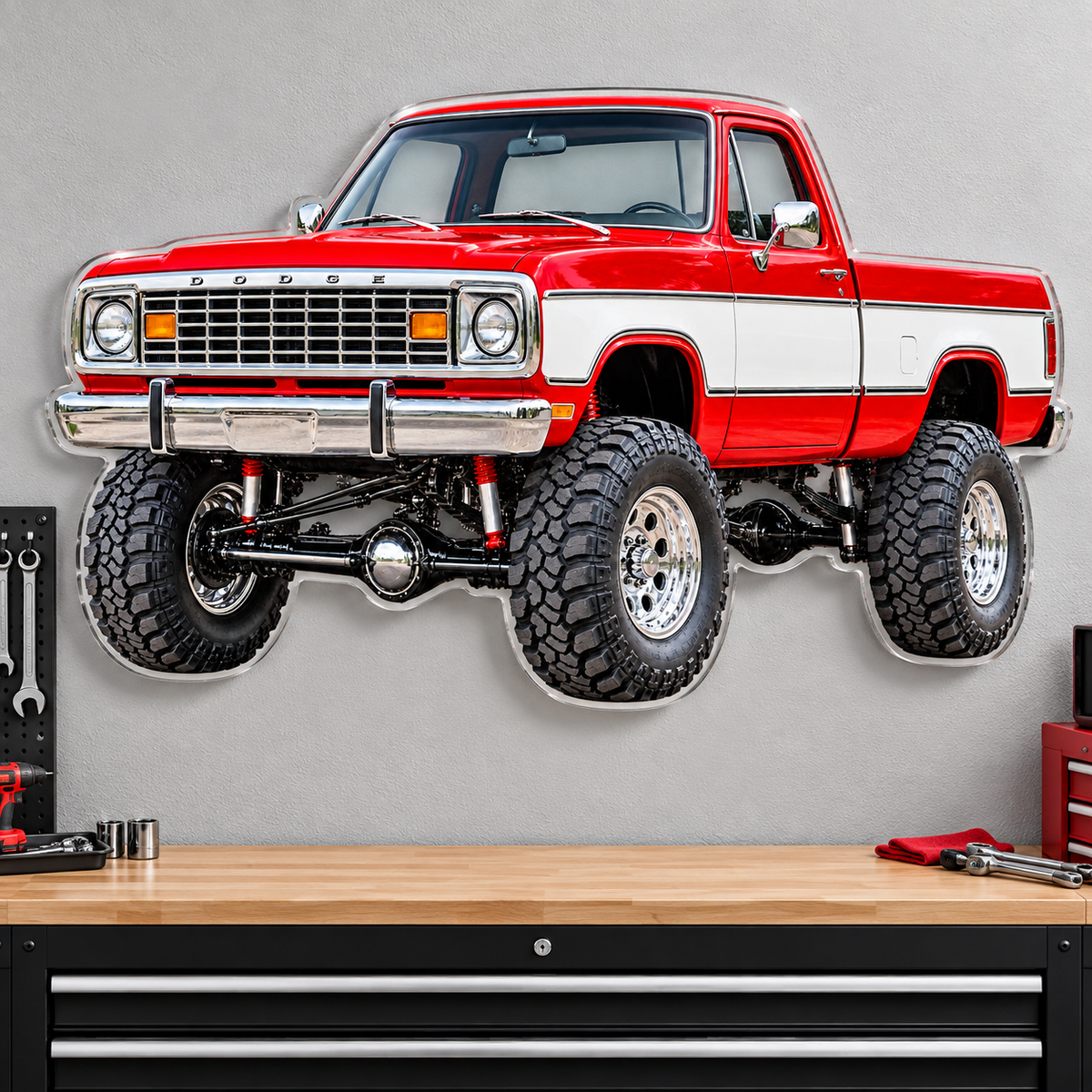 1977 Dodge Power Wagon Flame Red & White acrylic sign wall mockup