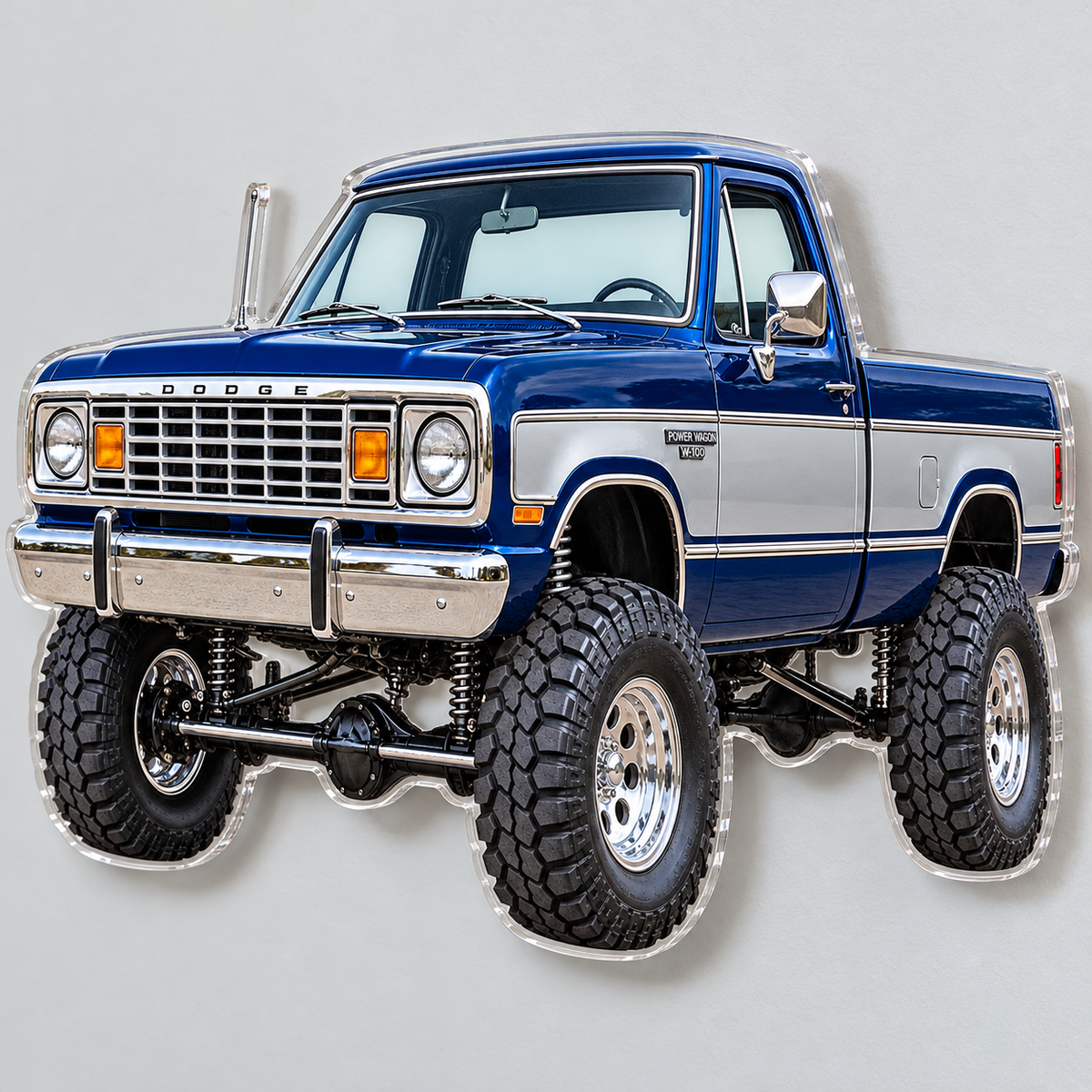 1977 Dodge Power Wagon Midnight Blue & Silver acrylic sign angle mockup
