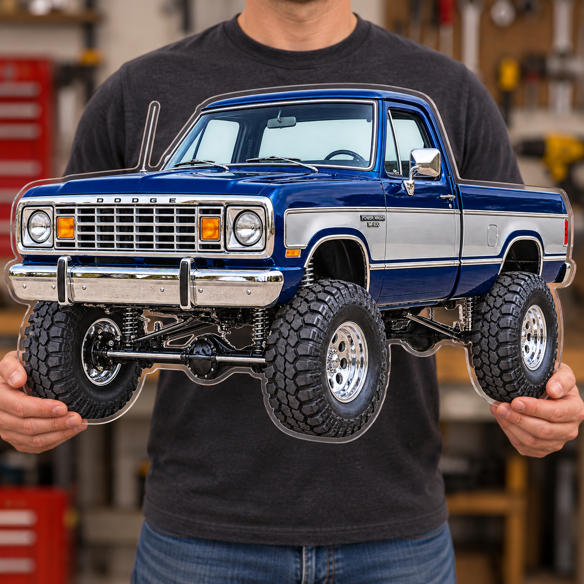 1977 Dodge Power Wagon Midnight Blue & Silver acrylic sign held mockup