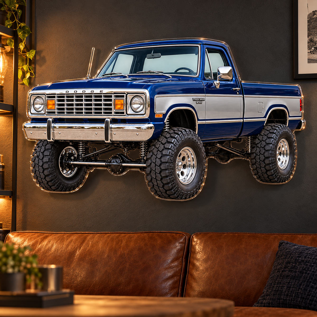 1977 Dodge Power Wagon Midnight Blue & Silver acrylic sign lounge mockup