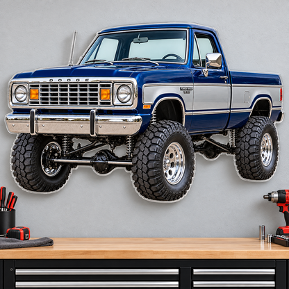 1977 Dodge Power Wagon Midnight Blue & Silver acrylic sign wall mockup