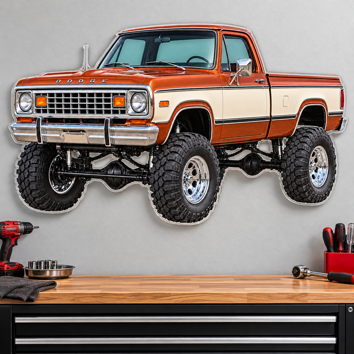 1977 Dodge Power Wagon Copper & Cream acrylic sign wall mockup