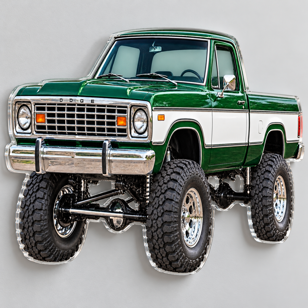 1977 Dodge Power Wagon Forest Green & White acrylic sign angle mockup
