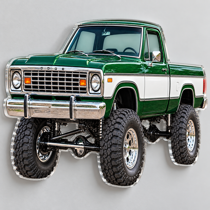 1977 Dodge Power Wagon Forest Green & White acrylic sign angle mockup