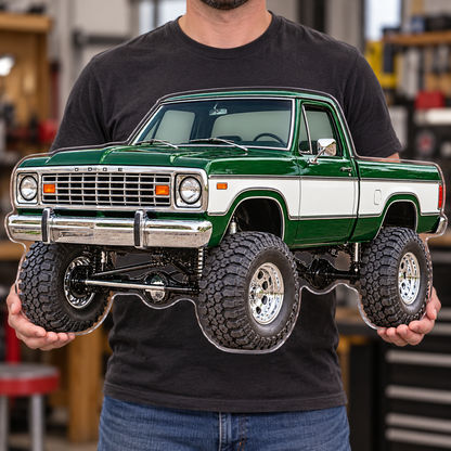 1977 Dodge Power Wagon Forest Green & White acrylic sign held mockup