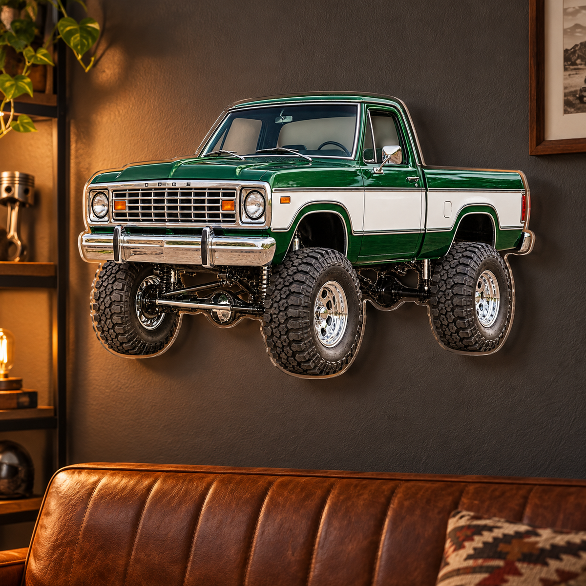 1977 Dodge Power Wagon Forest Green & White acrylic sign lounge mockup