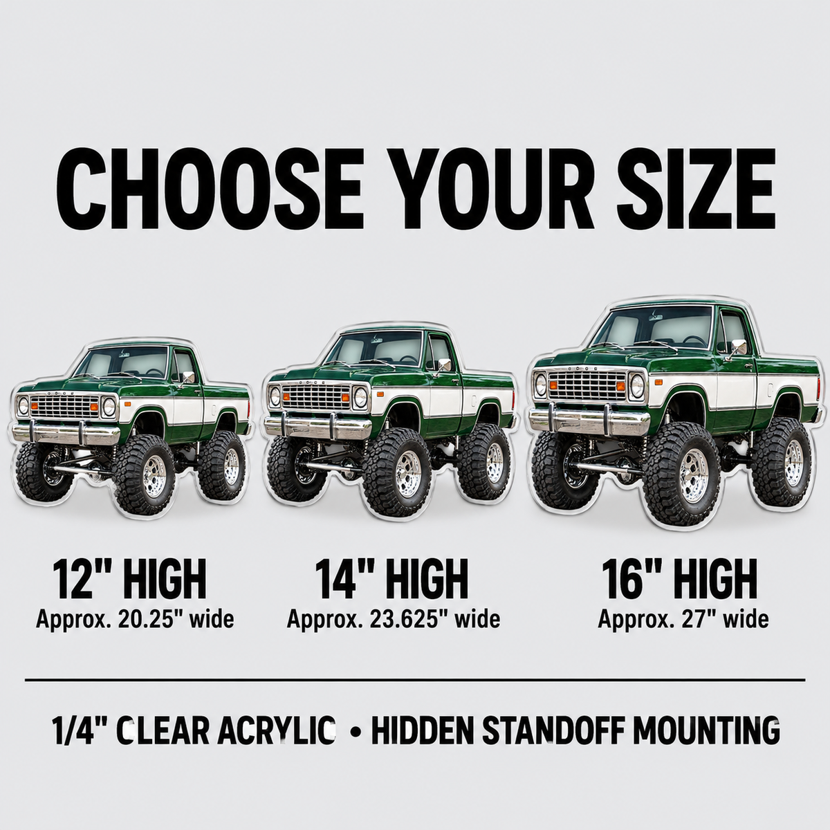 1977 Dodge Power Wagon Forest Green & White acrylic sign sizes mockup