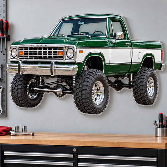 1977 Dodge Power Wagon Forest Green & White acrylic sign wall mockup