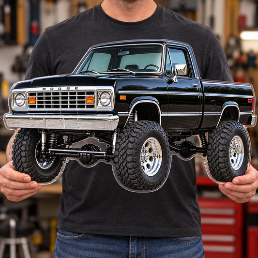 1977 Dodge Power Wagon Jet Black acrylic sign held mockup