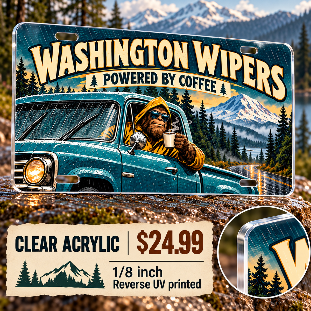 Washington Coffee Powered funny license plate — ⅛-inch reverse UV printed acrylic with opaque artwork