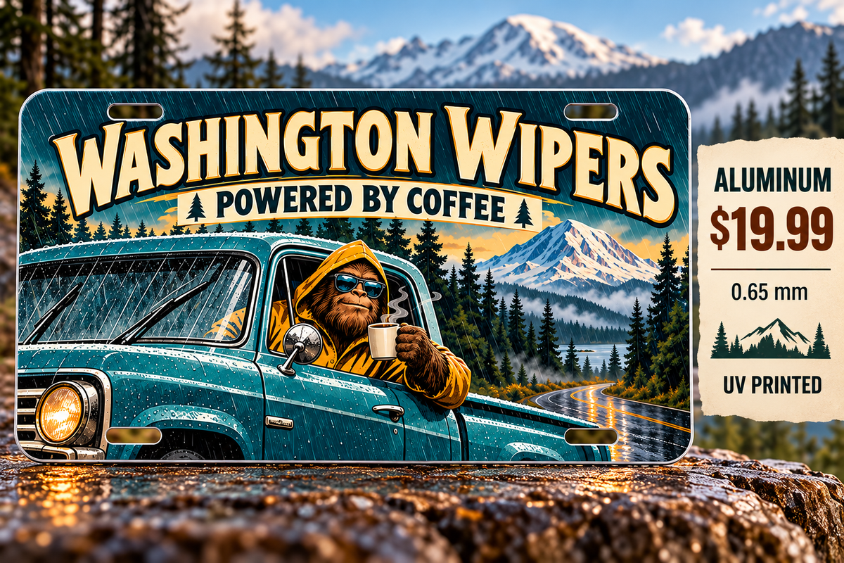 Washington Coffee Powered funny license plate — 0.65 mm UV printed aluminum