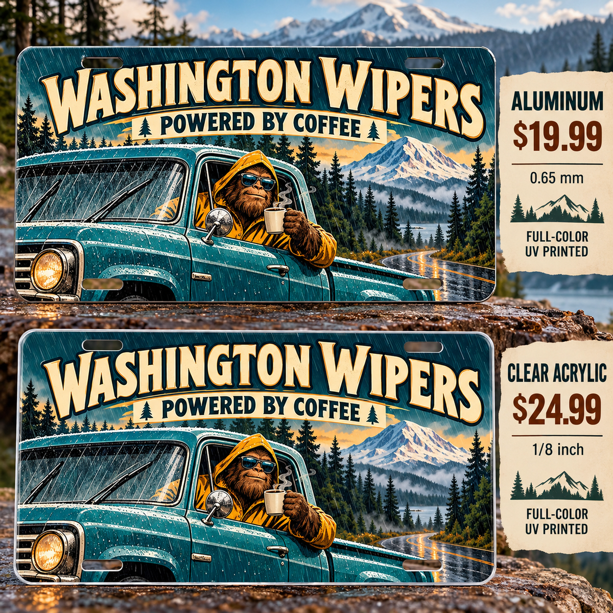 Washington Coffee Powered funny license plate — aluminum $19.99 and clear acrylic $24.99 comparison