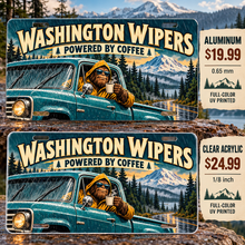 Washington Coffee Powered funny license plate — aluminum $19.99 and clear acrylic $24.99 comparison