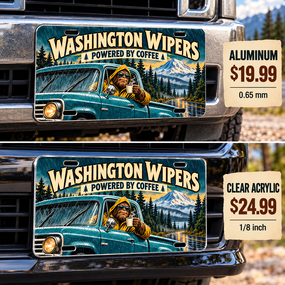 Washington Coffee Powered funny license plate — aluminum and acrylic vehicle mockups