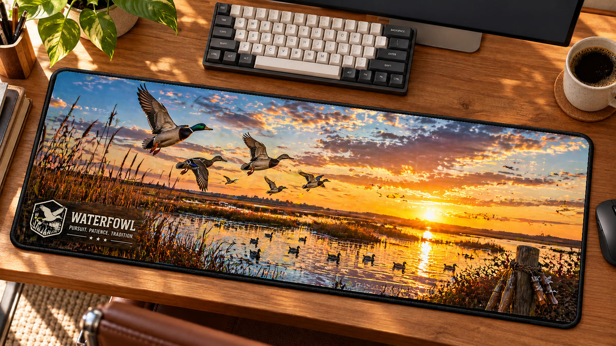 Waterfowl Marsh Flight Desk Mat in use on a warm wood office desk — angled workspace view