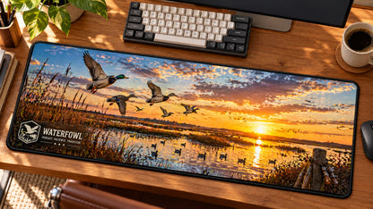 Waterfowl Marsh Flight Desk Mat in use on a warm wood office desk — angled workspace view