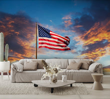 Waving American Flag Wallpaper with Sunset Wall Mural living room