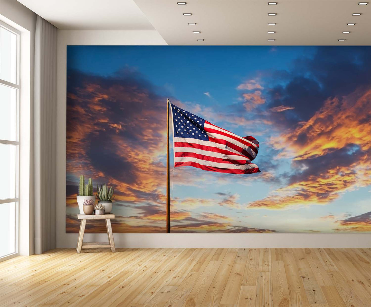 Waving American Flag Wallpaper with Sunset Wall Mural extra room