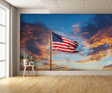 Waving American Flag Wallpaper with Sunset Wall Mural extra room