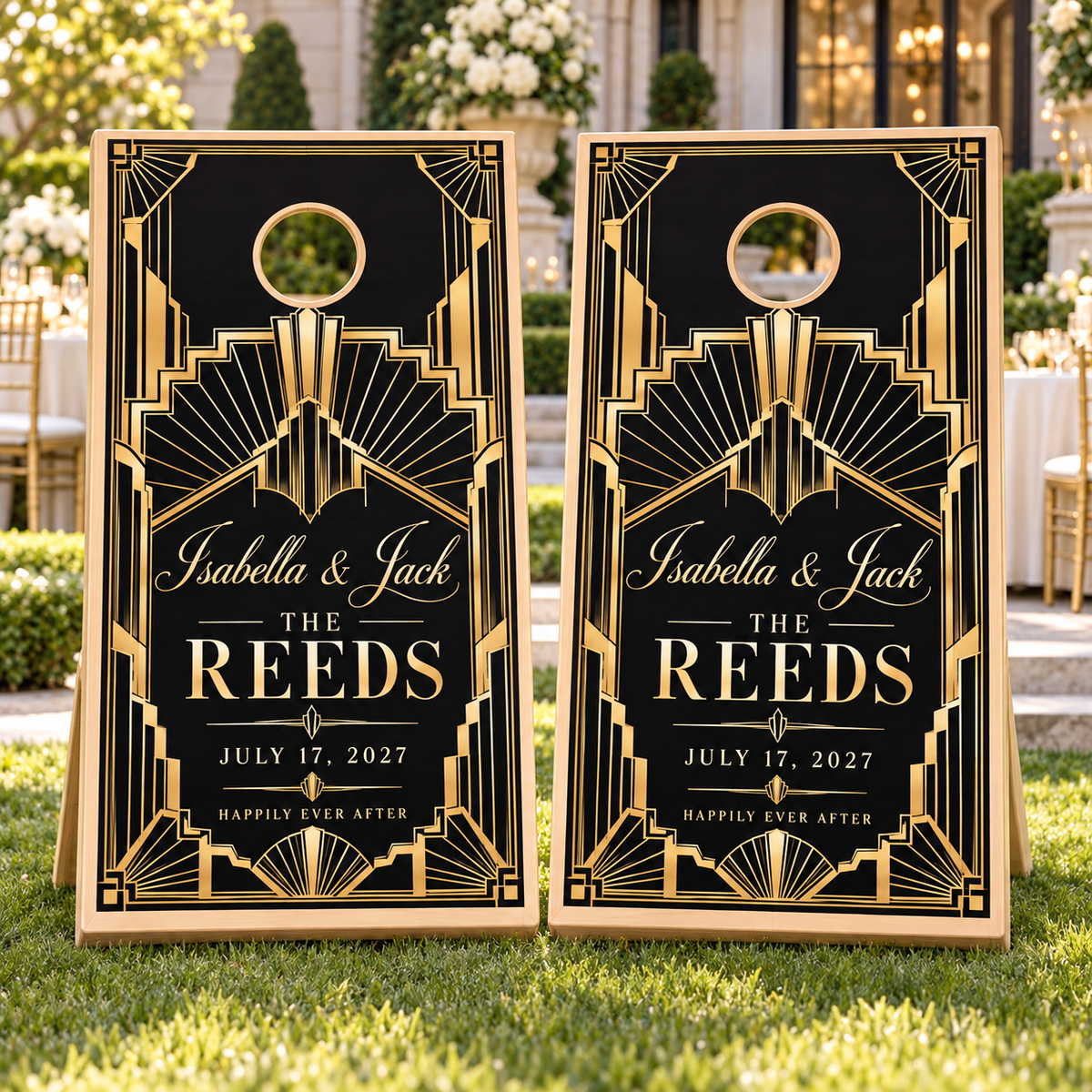 Two matching art deco gold personalized wedding cornhole board wraps on boards at a wedding; boards not included